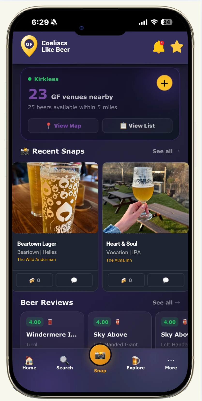 Coeliacs Like Beer app showing gluten-free venues nearby